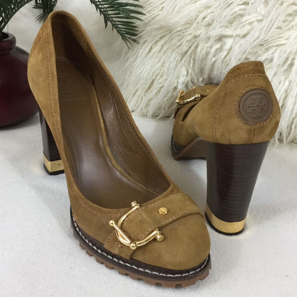 Tory Burch Brown Suede Heels with Gold Accent